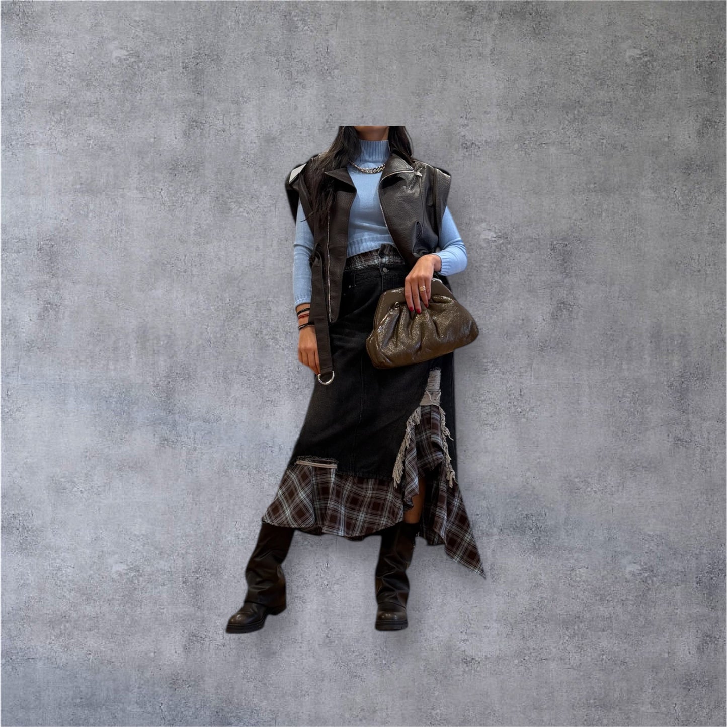 Denim Maxi Skirt with Checkered Hem & Distressed Details