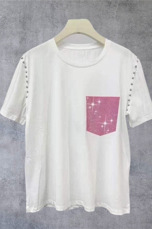 Λευκό T-Shirt με Strass Τσέπη & Stud Λεπτομέρειες