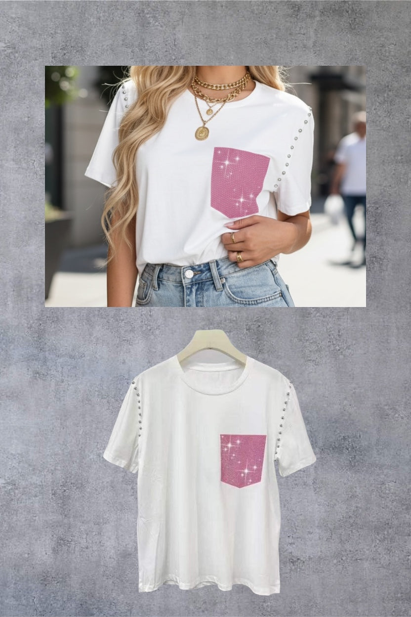 Λευκό T-Shirt με Strass Τσέπη & Stud Λεπτομέρειες