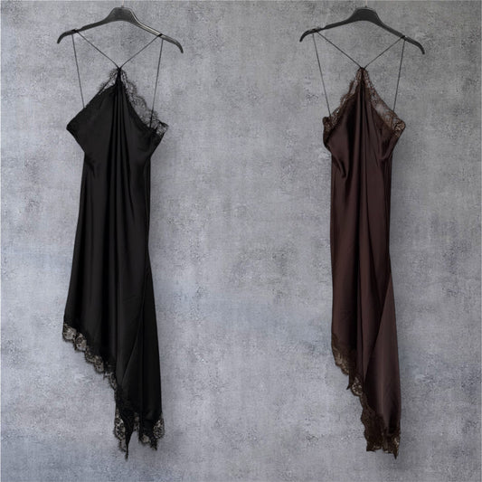 Asymmetric Lace Satin Slip Dress — Black / Brown