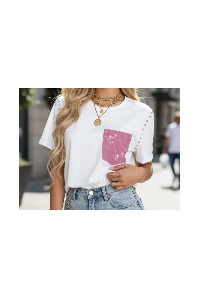 Λευκό T-Shirt με Strass Τσέπη & Stud Λεπτομέρειες