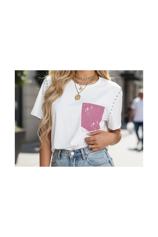 Λευκό T-Shirt με Strass Τσέπη & Stud Λεπτομέρειες