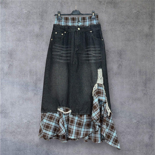 Denim Maxi Skirt with Checkered Hem & Distressed Details