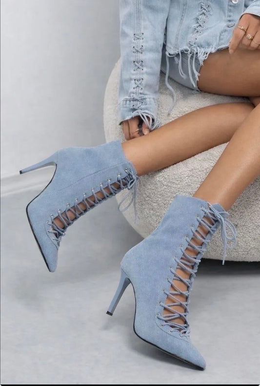 Denim Lace-Up Booties
