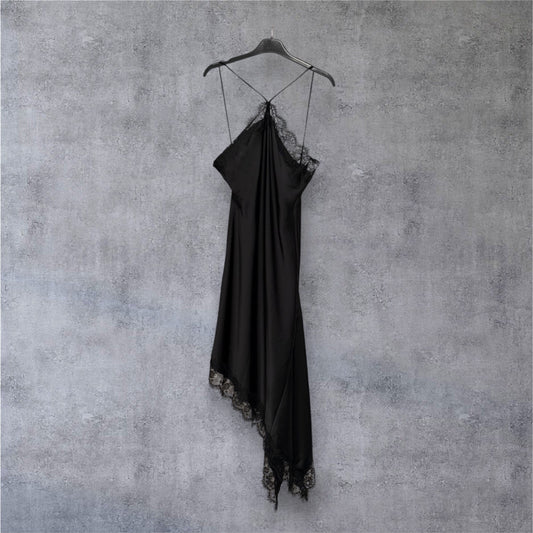 Asymmetric Lace Satin Slip Dress — Black / Brown