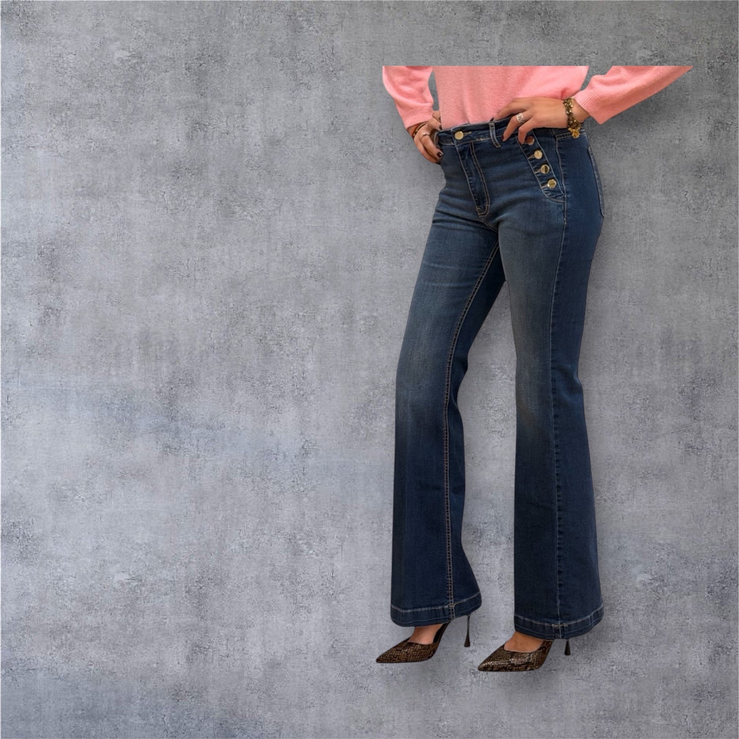 EIKI Made in Italy High-Waist Flared Jeans — Gold Button Detail