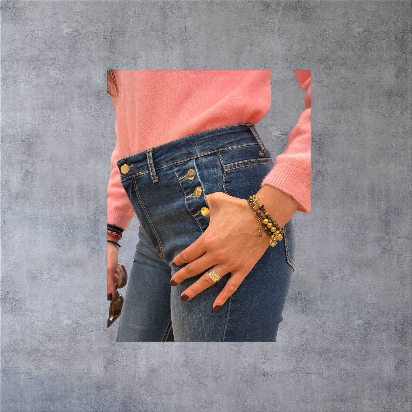 EIKI Made in Italy High-Waist Flared Jeans — Gold Button Detail