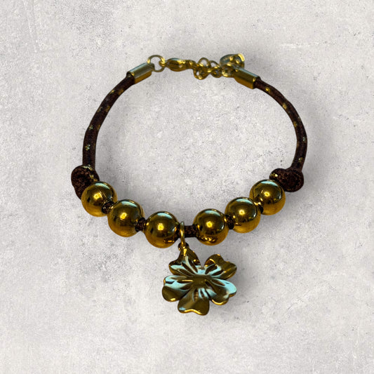 Gold Beaded Bracelet with Clover Charm