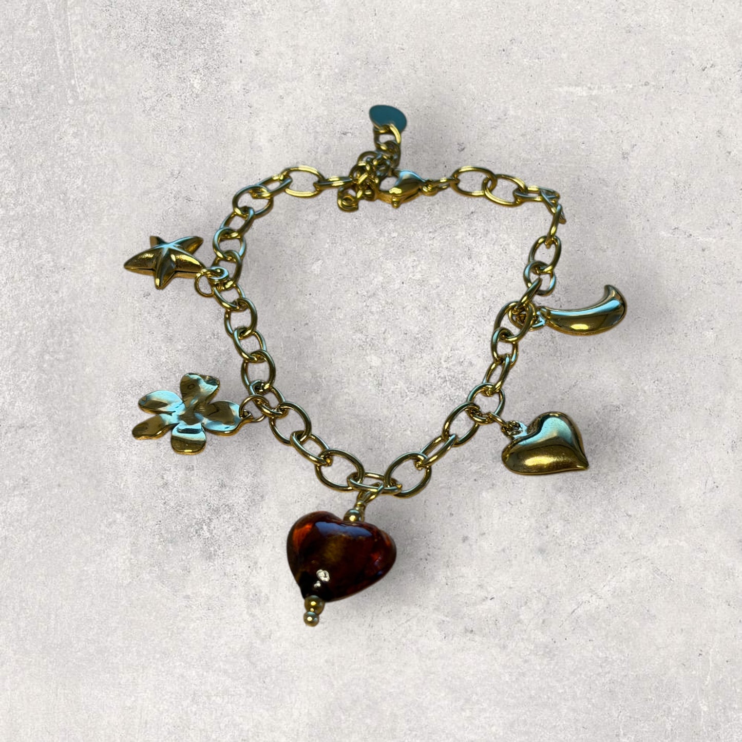 Gold Charm Bracelet with Heart & Symbol Pendants