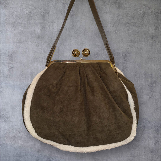 Shearling Suede Shoulder Bag — Olive