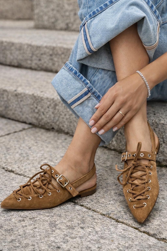 Camel Lace-Up Slingback Flats